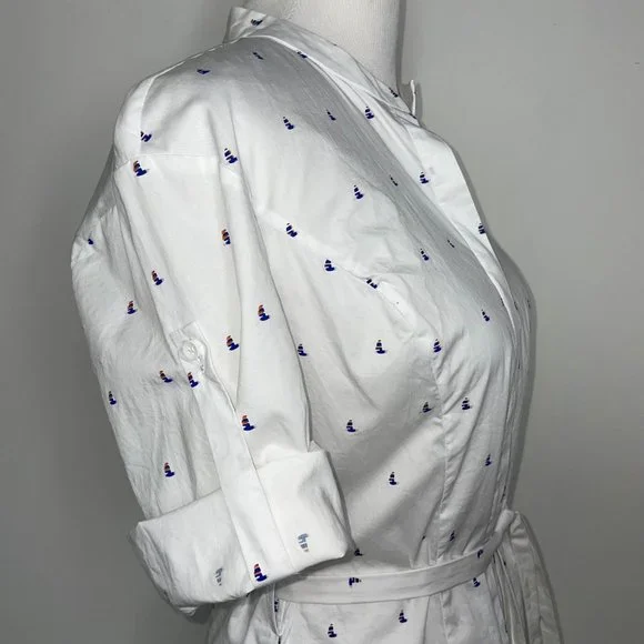 Vivienne Hu Cotton Button Shirt Dress Boat Print with Tie Size M - Picture 4 of 16